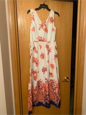 Talbots White Maxi Dress with Coral and Navy Paisley Border